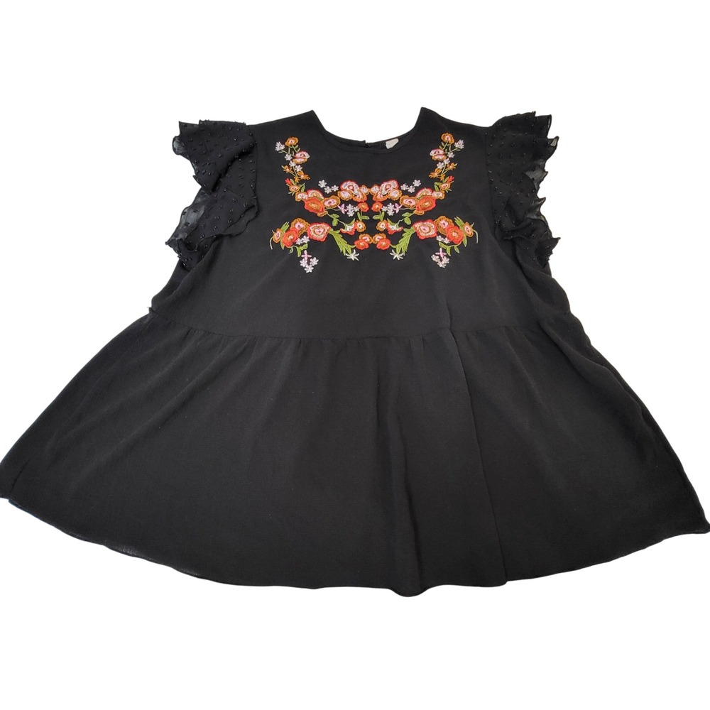 Black Embroidered Floral Peplum Blouse Flutter Swiss Dot Mesh Sleeve XXL